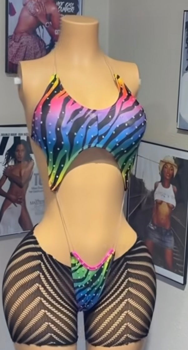 A two-piece bikini set displayed on a mannequin torso in an indoor room. The top is a multicolor rainbow gradient with black zebra-like stripes, and the bottom is black mesh with diagonal white stripes.